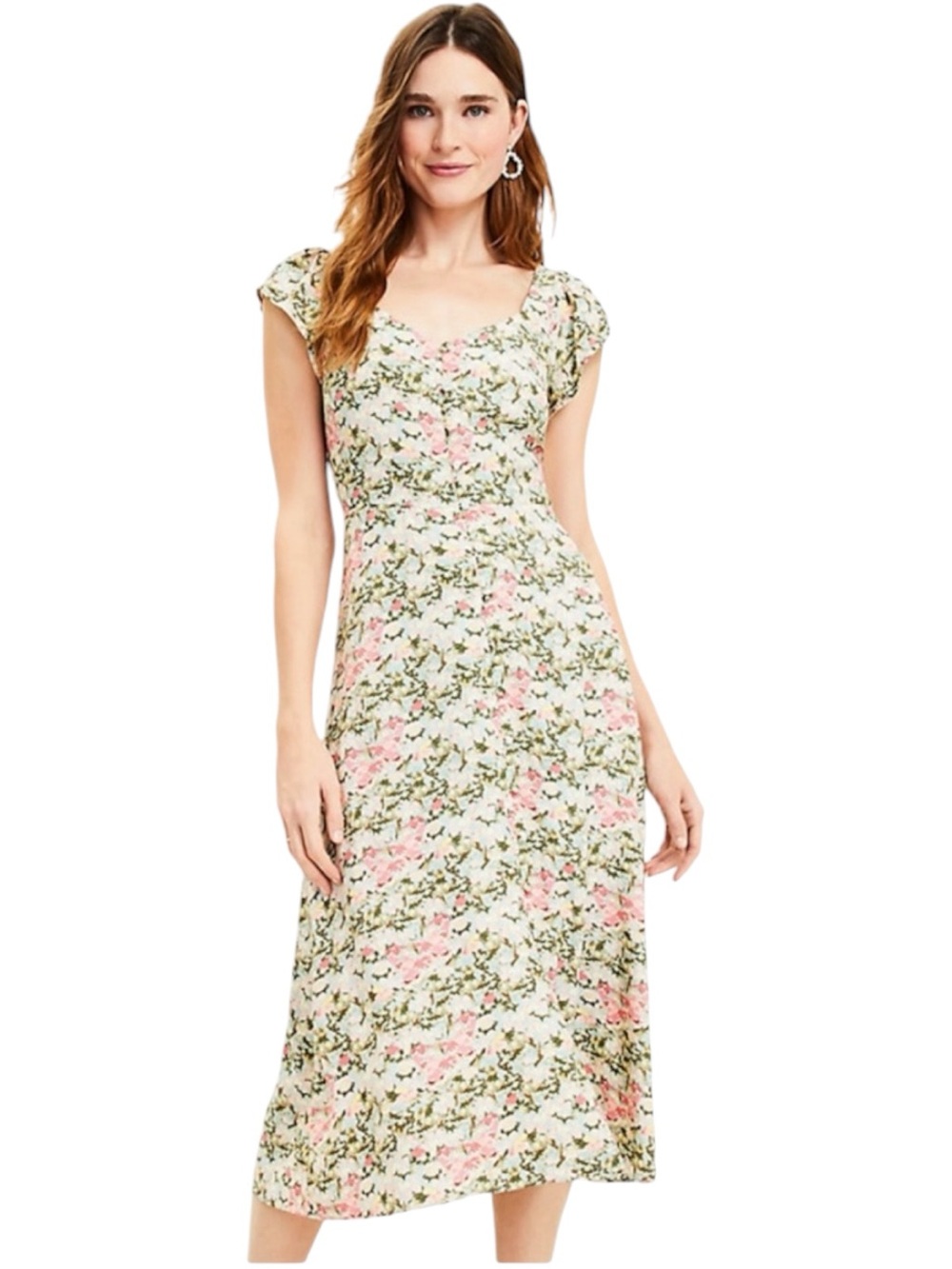 Loft Agave Floral Cap Sleeve Sweetheart Neckline Button Down Midi Dress Size 4